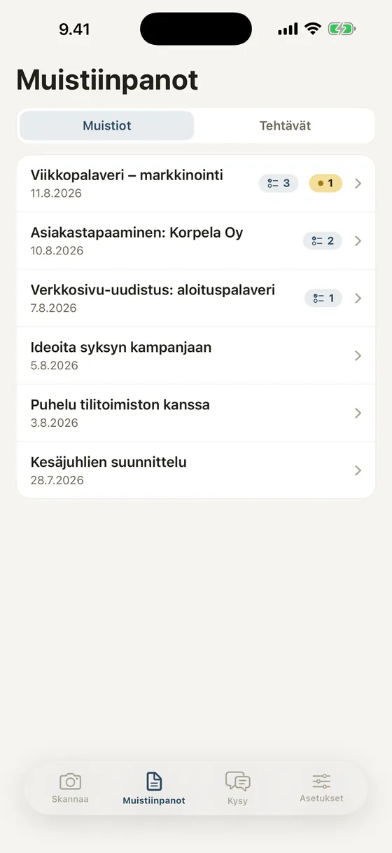 Muistiinpanoarkisto listanäkymässä
