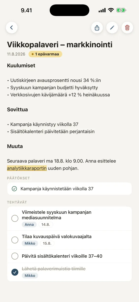 Tekoälyn jäsentämä muistiinpano otsikoineen, päätöksineen ja tehtävineen