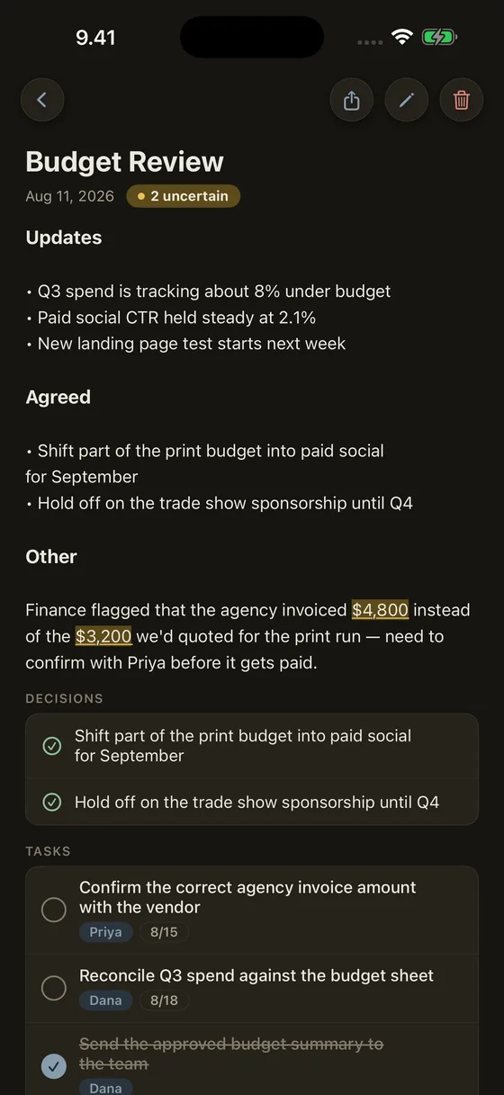 A private note in dark mode, with no ads in sight