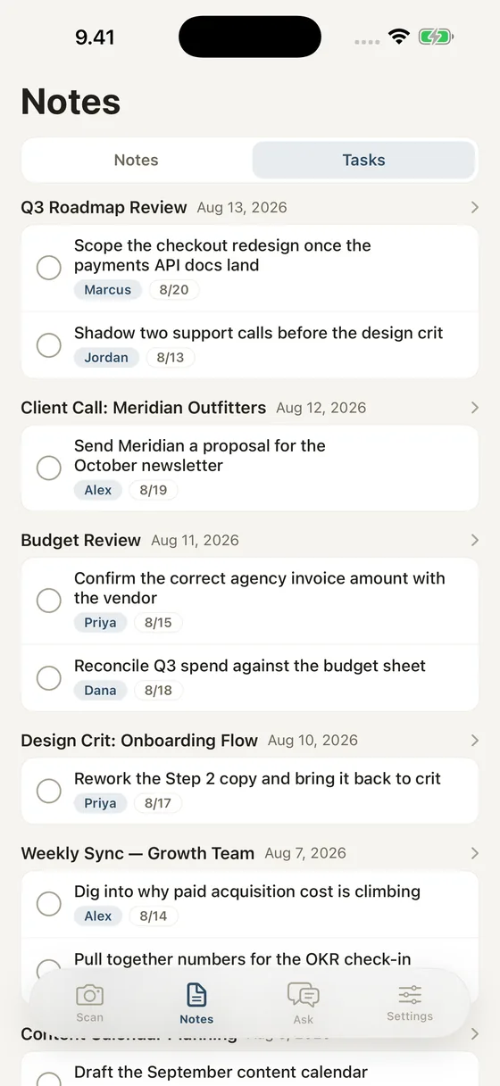 Action items from all notes collected into one view