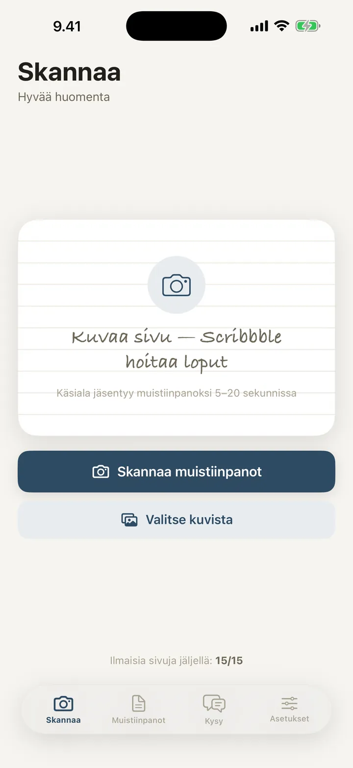 Scribbblen skannausnäkymä: “Kuvaa sivu — Scribbble hoitaa loput”
