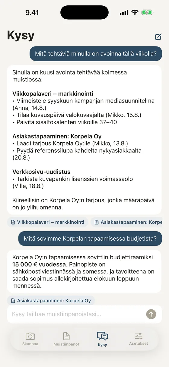 Scribbblen chat vastaa kysymykseen ja näyttää lähdemuistiinpanot sitaatteina