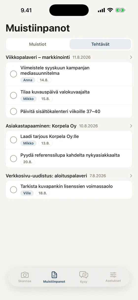 Kaikkien muistiinpanojen tehtävät koottuna yhteen näkymään, vastuuhenkilöineen ja määräpäivineen