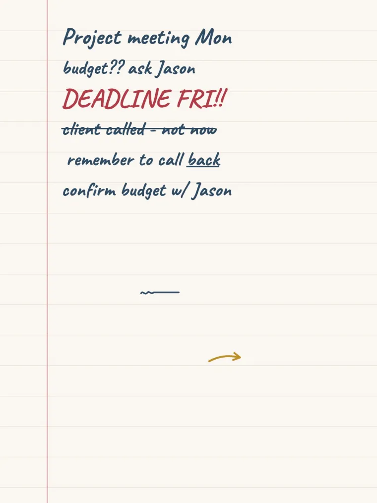 A handwritten meeting note on a notebook page, slanted pen strokes and underlinings