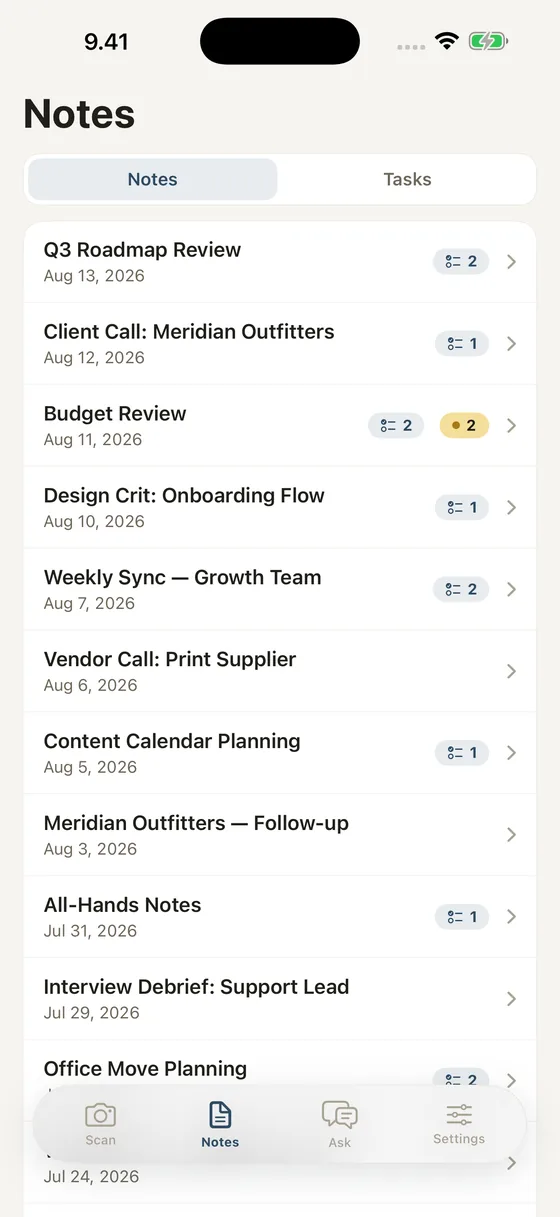 Note archive in list view