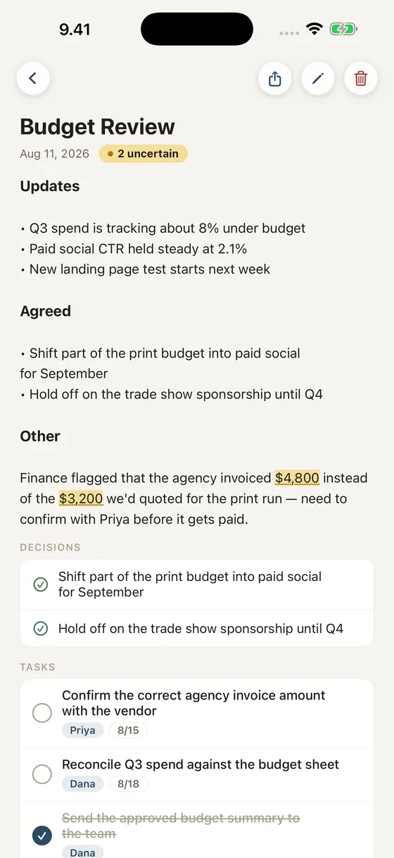 The same page in Scribbble: headings, decisions and action items each in their own place